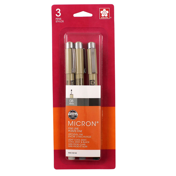 Pigma Micron Pens, Gray & Black, Assorted Sizes, 3-Set, Blister Card