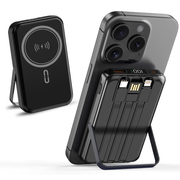 Black 10000mah Power Bank Magnetic Wireless Charge W/stand & Cables