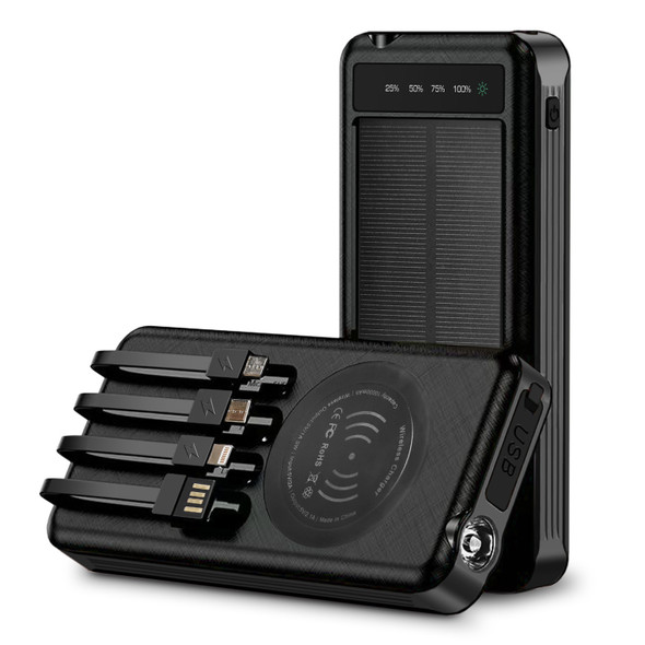 Black 10000mah Solar Power Bank W/ Wireless Charge & Cables
