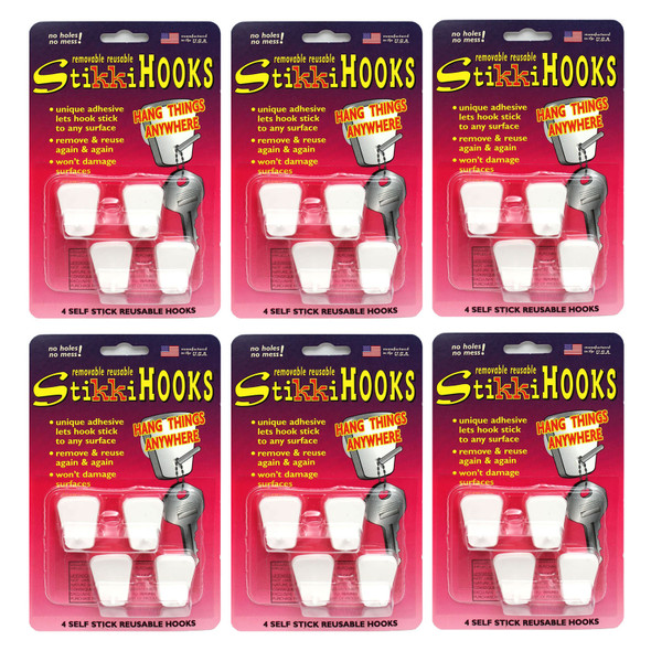 StikkiHOOKS, White, 4 Per Pack, 6 Packs