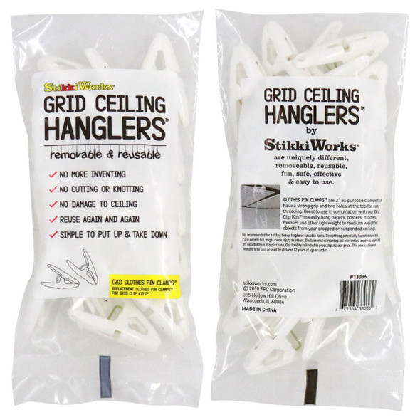 Grid Ceiling Hanglers Clothes Pin Clamps, Pack of 20