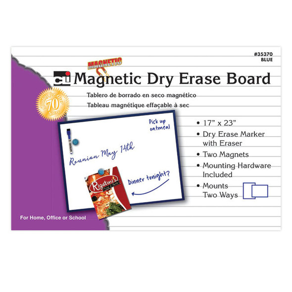 Magnetic Dry Erase Board, 17" x 23", w/Eraser/Marker and 2 Magnets, Blue Frame, 1 Each Magnetic Dry Erase Board, 17" x 23", w/Eraser/Marker and 2 Magnets, Blue Frame, 1 Each