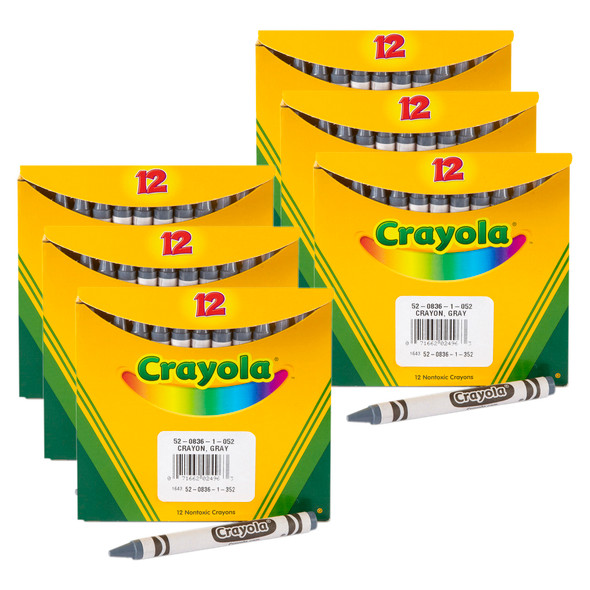 Single Color Bulk Crayons, Regular Size, Gray, 12 Per Pack, 6 Packs