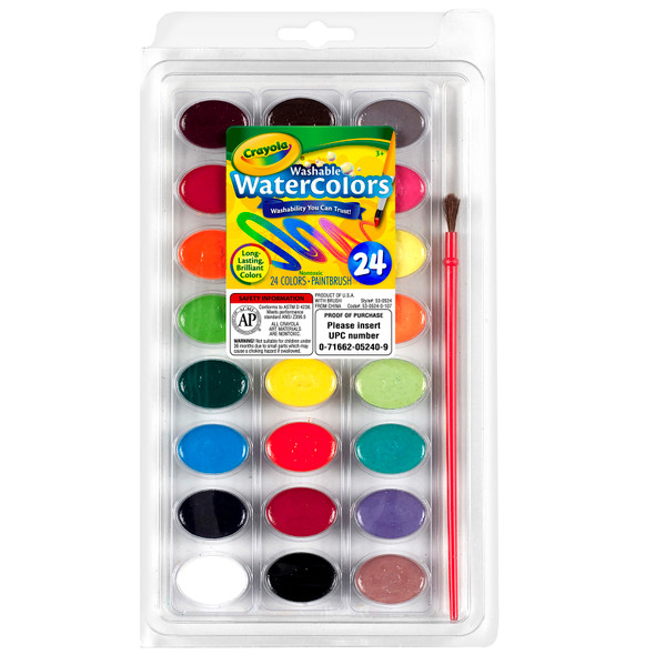 Washable Watercolor Pans with Plastic Handled Brush, 24 Colors