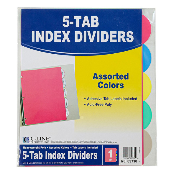 5-Tab Poly Binder Index Dividers, Assorted, 5/Set