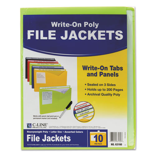 Write-On Poly File Jackets, Assorted colors, Pack of 10