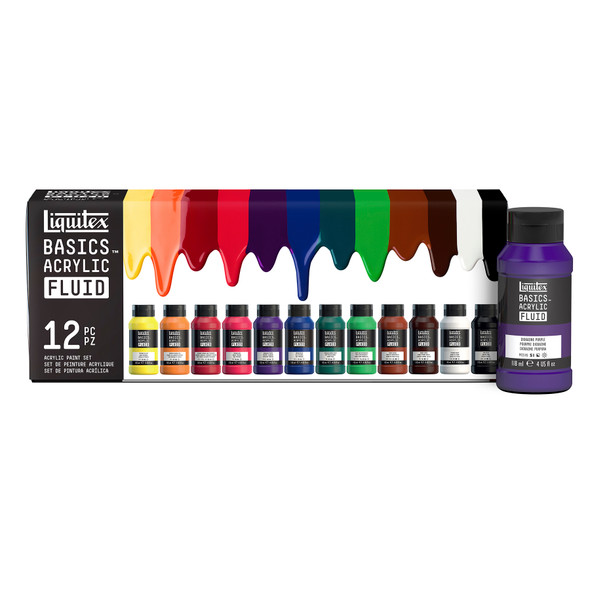 BASICS Fluid Acrylic Paint, Basic Colors, 118 mL Bottles, Set of 12
