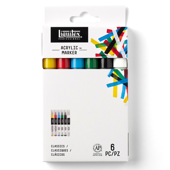 Professional Acrylic Paint Marker, Fine Nib, 2 mm, Classic Colors, Set of 6