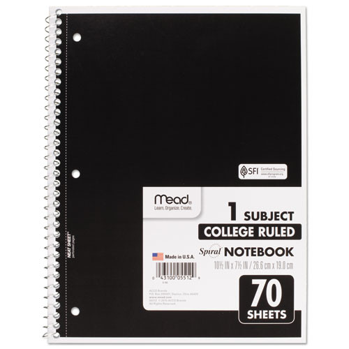 Spiral Notebook, College Ruled, 7.5" x 10.5" 70 Sheets, 1 Subject