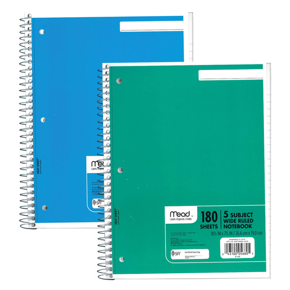 Spiral Notebook, 5 Subject, Wide Ruled Paper, 180 Sheets, 10-1/2" x 8", Assorted Colors, Pack of 2