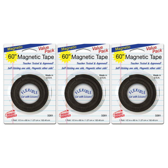 Magnetic Tape, 1/2" x 60" Roll, Pack of 3