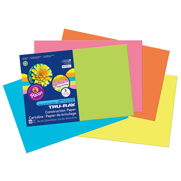 Construction Paper, Heavyweight, 5 Assorted Hot Colors, 12" x 18", 50 Sheets