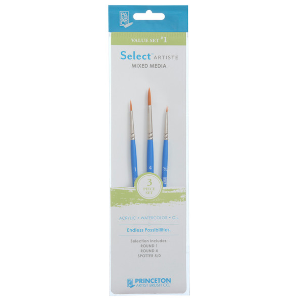 Select Artiste Brush Set No. 1, Synthetic Bristles, Short Handle Mixed Media Paintbrush, Jewel Blue, 3 Pieces