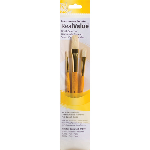 RealValue Brush Set, Natural Bristles, Short Handle Mixed Media Paintbrush, Yellow, 3 Pieces