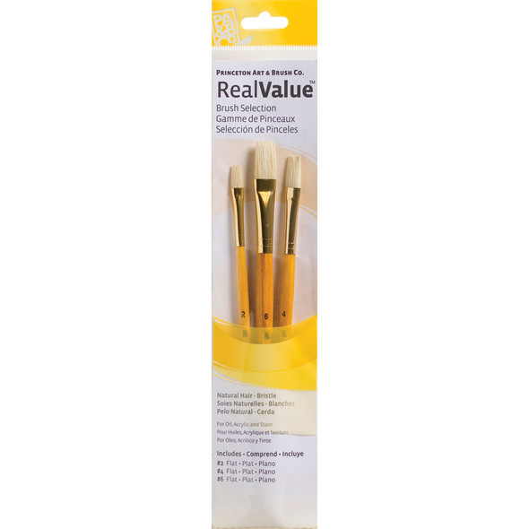 RealValue Brush Set, Natural Bristles, Short Handle Mixed Media Paintbrush, Yellow, 3 Pieces - PBXPR9104