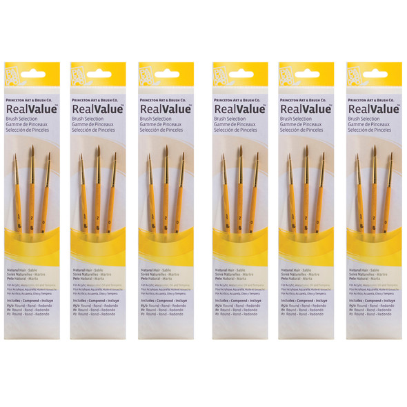 RealValue Round Brush Set, Camel Bristles, Short Handle Mixed Media Paintbrush, Yellow, 3 Per Set, 6 Sets - PBXPR9105-6