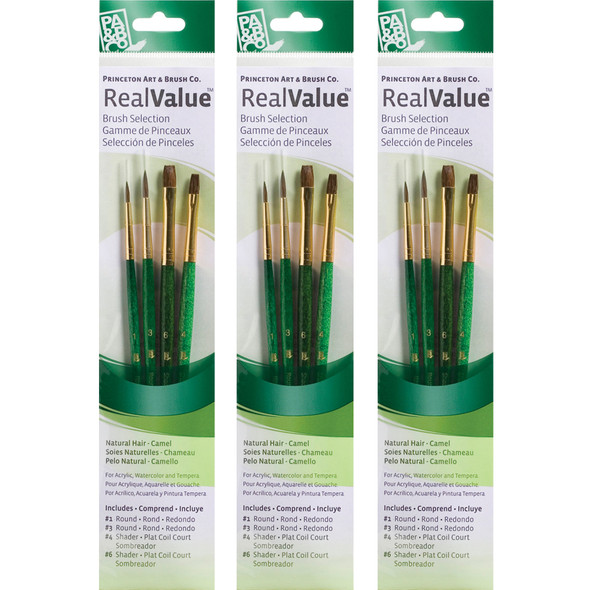 RealValue Brush Set, Camel Bristles, Short Handle Mixed Media Paintbrush, Green, 4 Per Set, 3 Sets