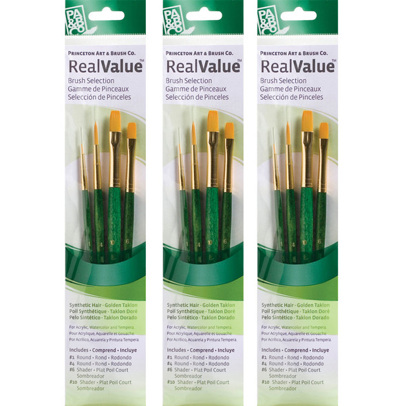 RealValue Brush Set, Gold Taklon Bristles, Short Handle Mixed Media Paintbrush, Green, 4 Per Set, 3 Sets