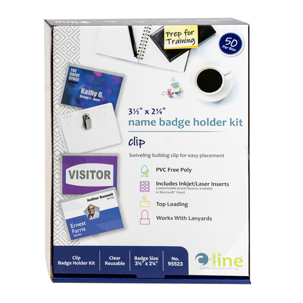 Clip Style Name Badge Holder Kit, Sealed Holders with Inserts, 3-1/2" x 2-1/4", Box of 50 Clip Style Name Badge Holder Kit, Sealed Holders with Inserts, 3-1/2" x 2-1/4", Box of 50