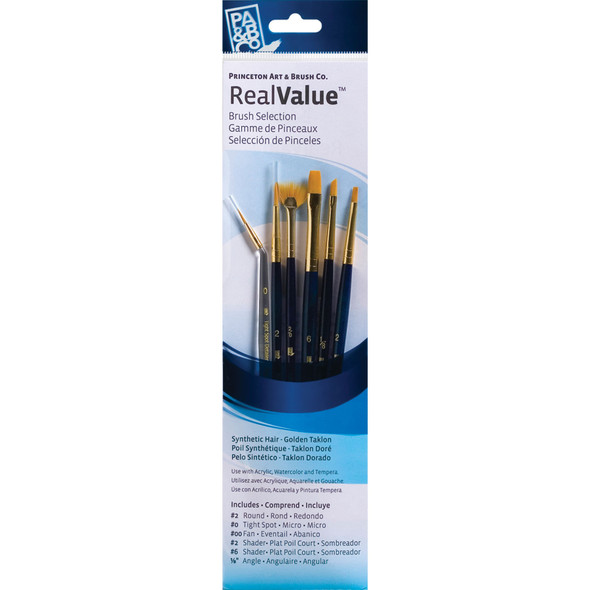 RealValue Brush Set, Gold Taklon Bristles, Short Handle Mixed Media Paintbrush, Dark Blue, 6 Pieces - PBXPR9133