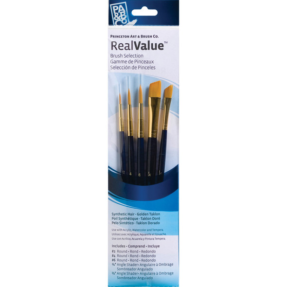 RealValue Brush Set, Gold Taklon Bristles, Short Handle Mixed Media Paintbrush, Dark Blue, 5 Pieces