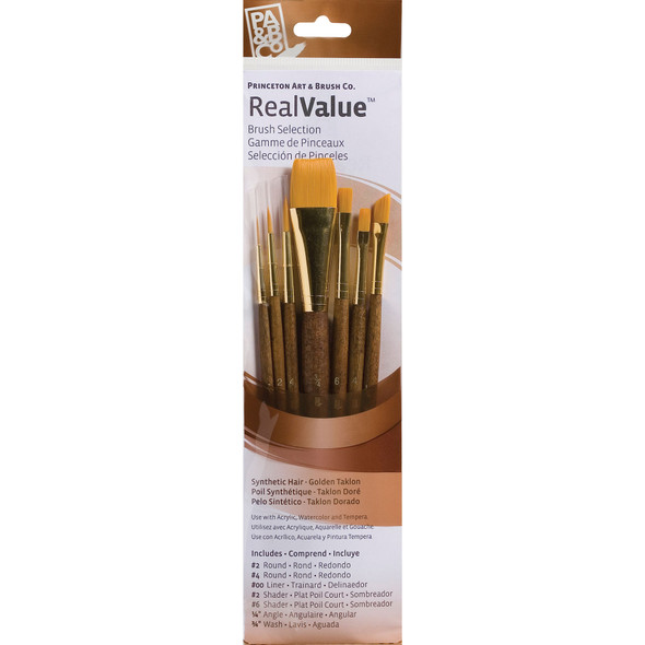 RealValue Brush Set, Gold Taklon Bristles, Short Handle Mixed Media Paintbrush, Brown, 7 Pieces - PBXPR9143