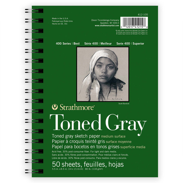 400 Series Sketch Paper Pad, Recycled, Toned Gray, Side Wire Binding, 50 Sheet, 5.5x8.5 inch, 1 Count