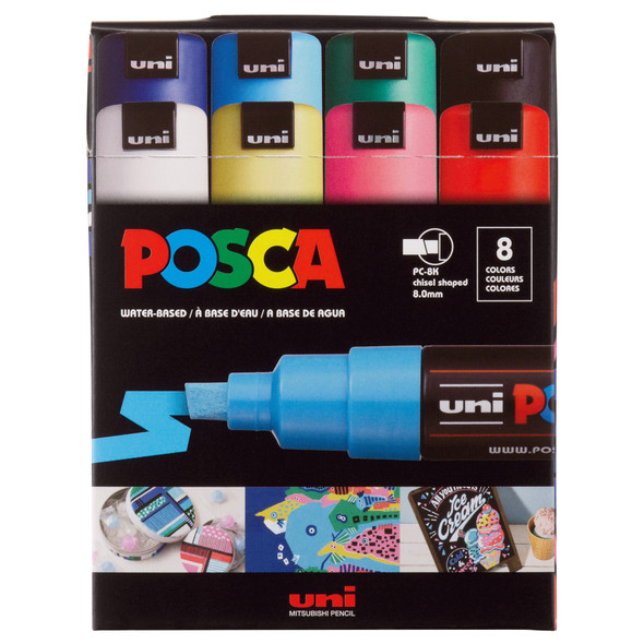 uni POSCA PC-8K Water-Based Paint Markers, Broad Tip (8mm), Assorted Colors, 8 Pack