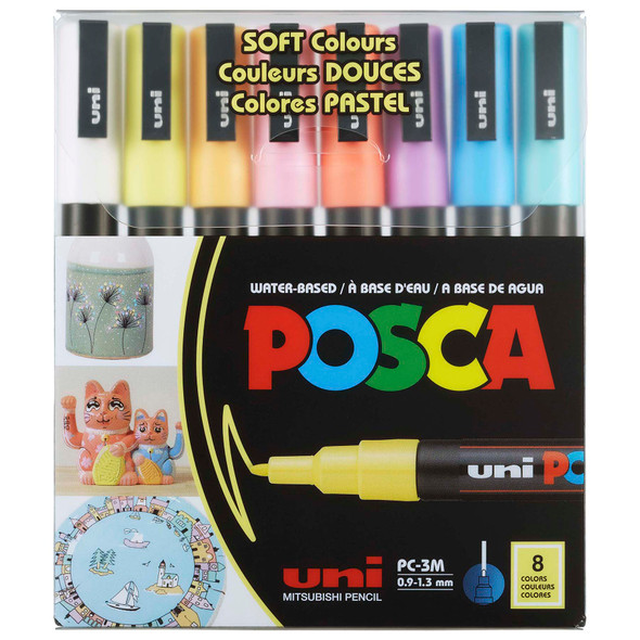 uni POSCA PC-3M Water-Based Paint Markers, Reversible Fine Tip (0.9-1.3mm), Soft Colors, 8 Pack