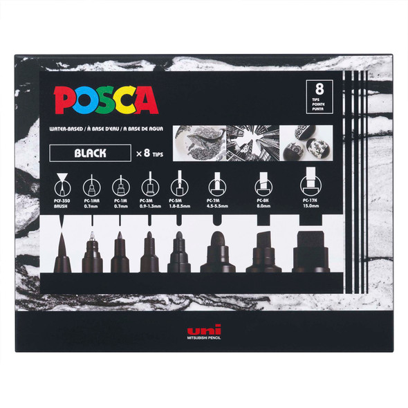 uni POSCA PC-MIX Water-Based Paint Markers, Assorted Black Tips, 8 Pack