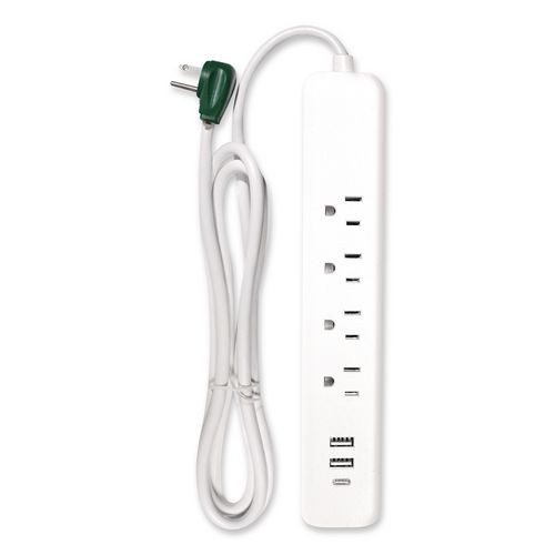 Four-outlet Surge Protector With Three Usb Ports, 4 Ft Cord Length Cord, 450 J, White