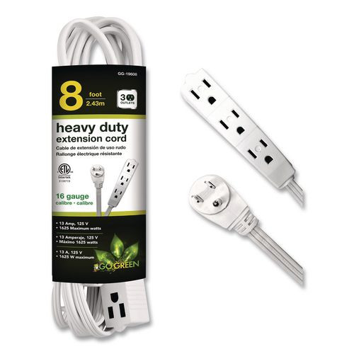 3 Outlet Indoor Extension Cord, 8 Ft, 13 A, White