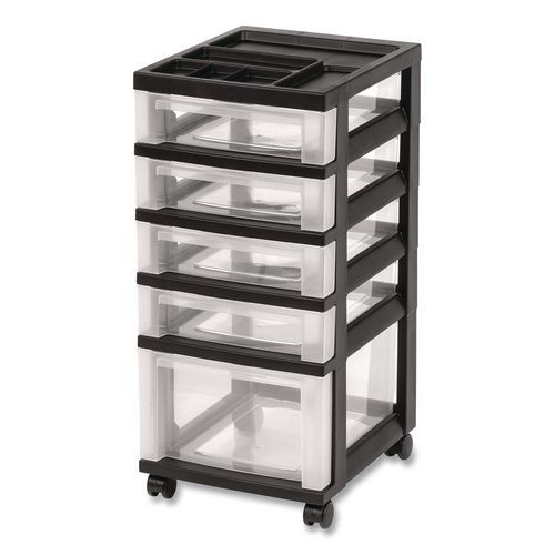 Five-drawer Rolling Cart With Organizer Top, Plastic, 12.13 X 14.38 X 26.38, Clear/black