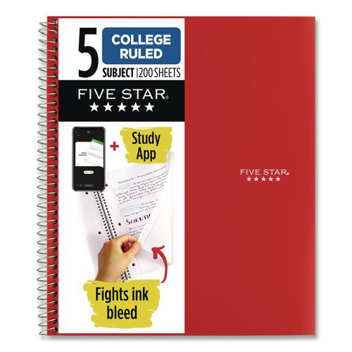 Wirebound Notebook, 5-subject, Medium/college Rule, Fire Red Cover, (200) 11 X 8.5 Sheets