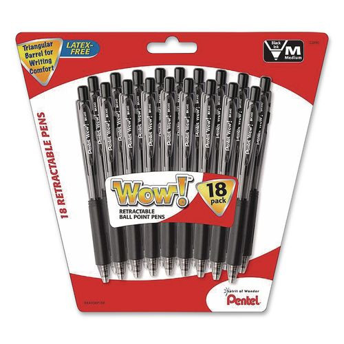 Wow! Ballpoint Pen, Retractable, Medium 1 Mm, Black Ink, Smoke/black Barrel, 18/pack