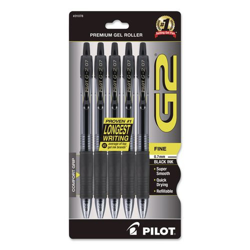 G2 Premium Gel Pen, Retractable, Fine 0.7 Mm, Black Ink, Smoke/black Barrel, 5/pack