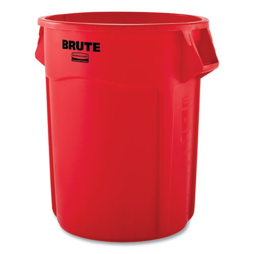 Vented Round Brute Container, 55 Gal, Plastic, Red, 3/carton
