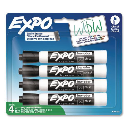 Dry Erase Marker, Chisel Tip, Black, 4/pack
