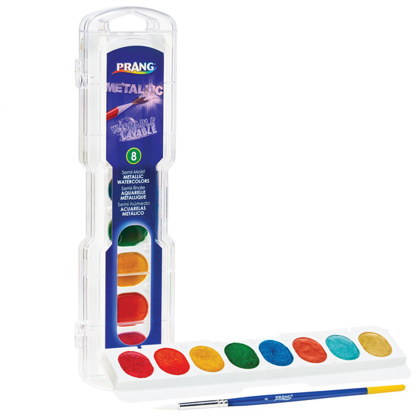 Washable Watercolors Set, 8 Assorted Metallic Colors w/Brush, Pack of 6