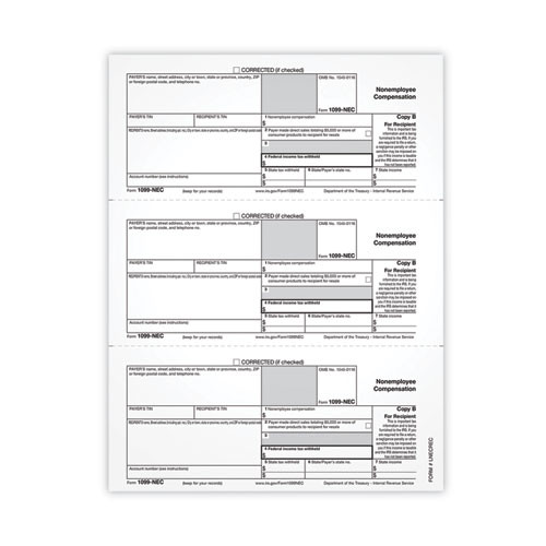 1099-nec Tax Forms, Fiscal Year: 2021, One-part (no Copies), 8.5 X 3.67, 3 Forms/sheet, 50 Forms Total