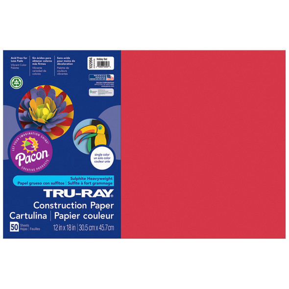 Construction Paper, Heavyweight, Holiday Red, 12" x 18", 50 Sheets Per Pack, 5 Packs