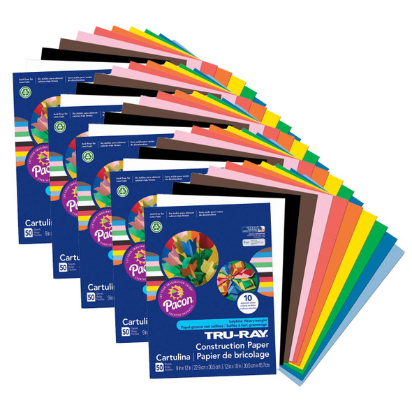 Construction Paper Classic Assortment, Heavyweight, 10 Classic Colors, 9" x 12", 50 Sheets Per Pack, 5 Packs