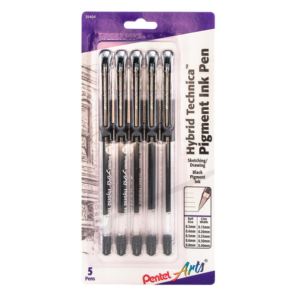 Hybrid Technica Gel Pen, Assorted Tip Sizes (0.05, 0.1, 0.3, 0.5, 0.8), Black Ink, 5-Pack