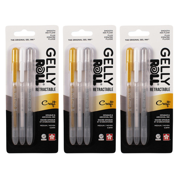 Retractable Craft Gel Pens, 08 Medium Point, Assorted Colors, 3 Per Set, 3 Sets