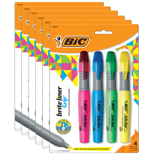 Brite Liner® Grip Tank Highlighter, Chisel Tip, Assorted Colors, 4 Per Pack, 6 Packs
