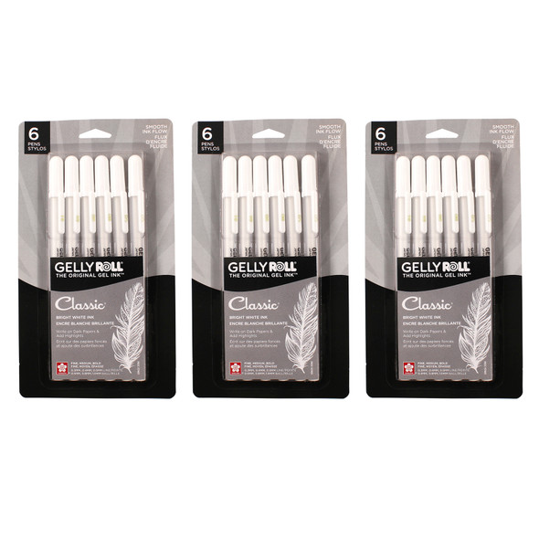 Classic Gel Pens, Assorted Sizes, White, 6 Per Set, 3 Sets