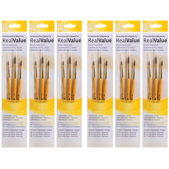 RealValue Round Brush Set, Camel Bristles, Short Handle Mixed Media Paintbrush, Yellow, 3 Per Set, 6 Sets