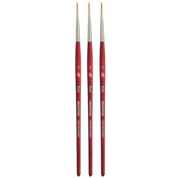 Velvetouch Round Brush, Synthetic Bristles, Short Handle Mixed Media Paintbrush, Scarlet, Size 2, Pack of 3