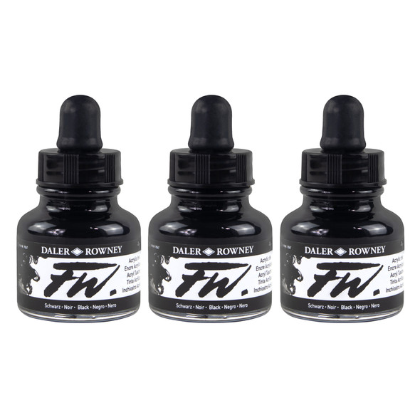 FW Acrylic Ink Pearlescent, Black, 29.5ml, Pack of 3