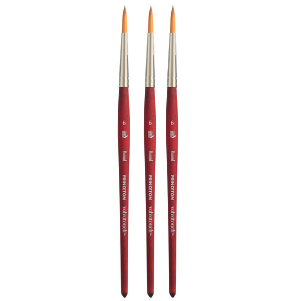 Velvetouch Round Brush, Synthetic Bristles, Short Handle Mixed Media Paintbrush, Scarlet, Size 6, Pack of 3